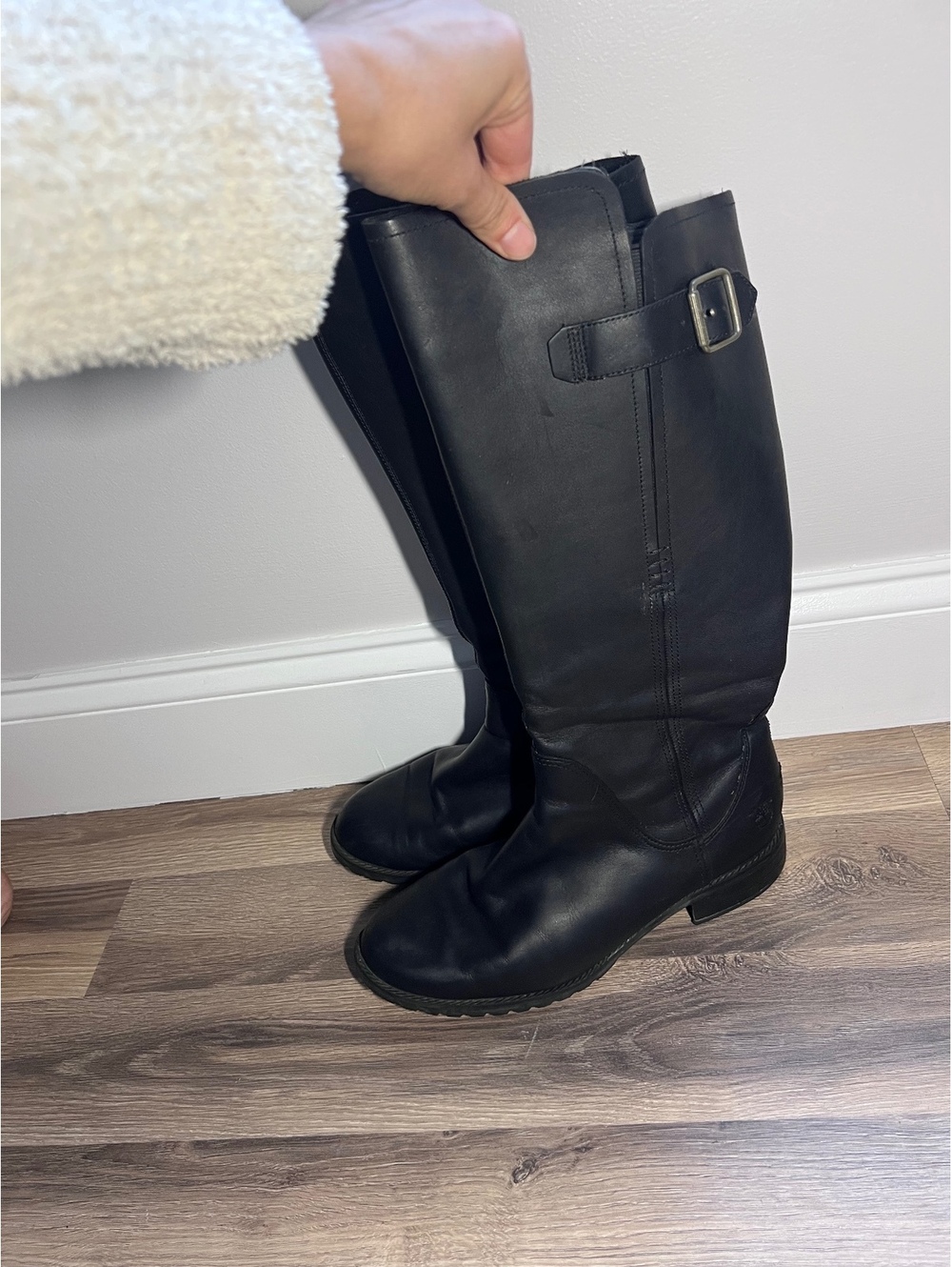 Timberland black tall leather buckle boots women's size 9